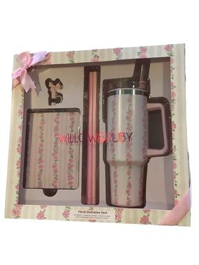 Willow & Ruby Pink Floral Tumbler Straw & Notebook Gift Set New